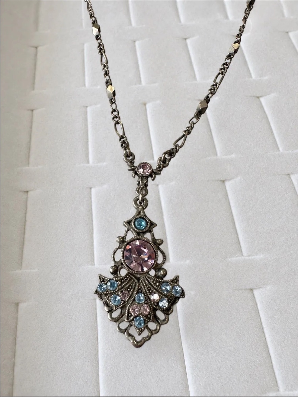 Antique Pink & Blue Crystal Pendant Necklace